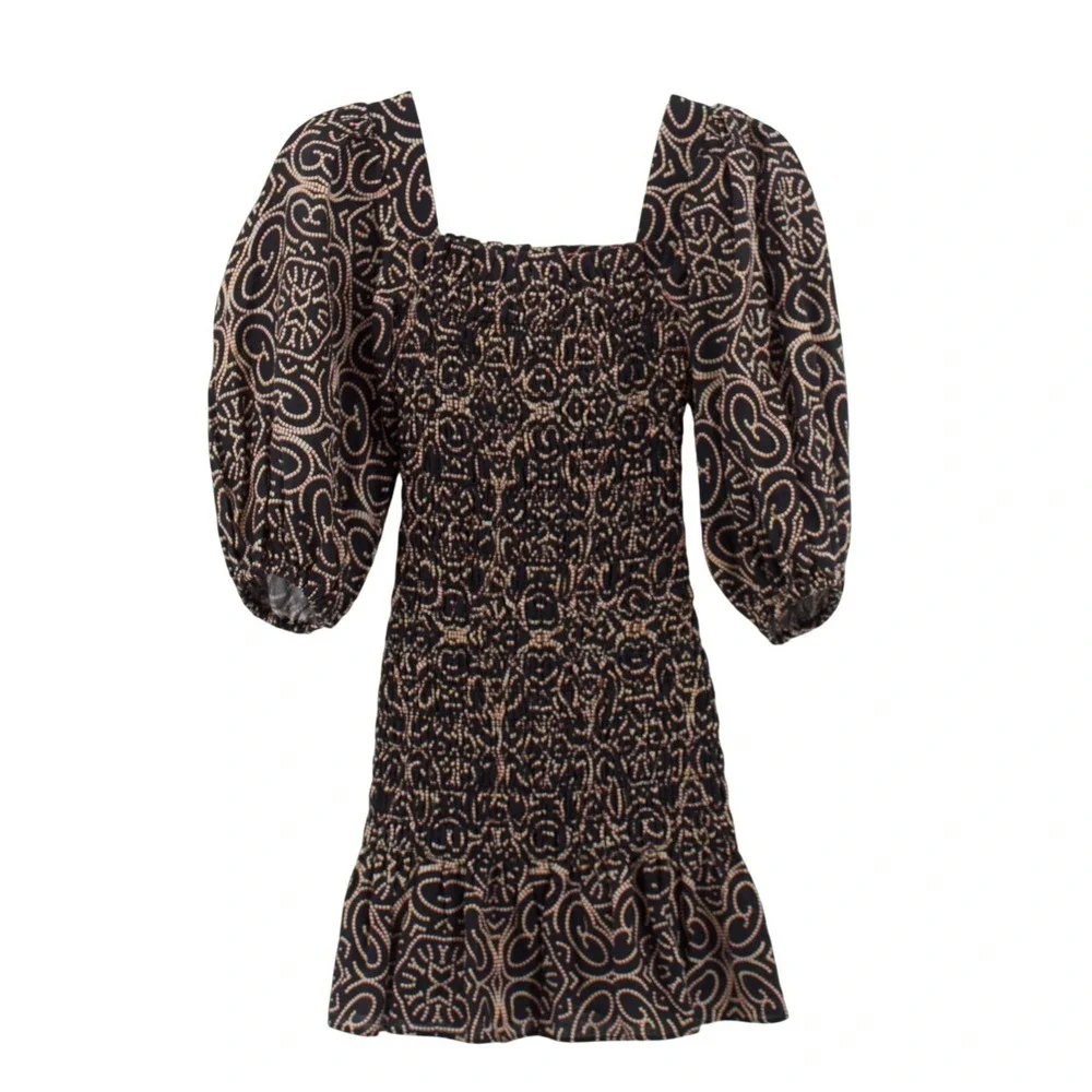 Alexis Mini Dress Womens XS Black Geometric Smocked Puff Sleeve Linen Ruffle